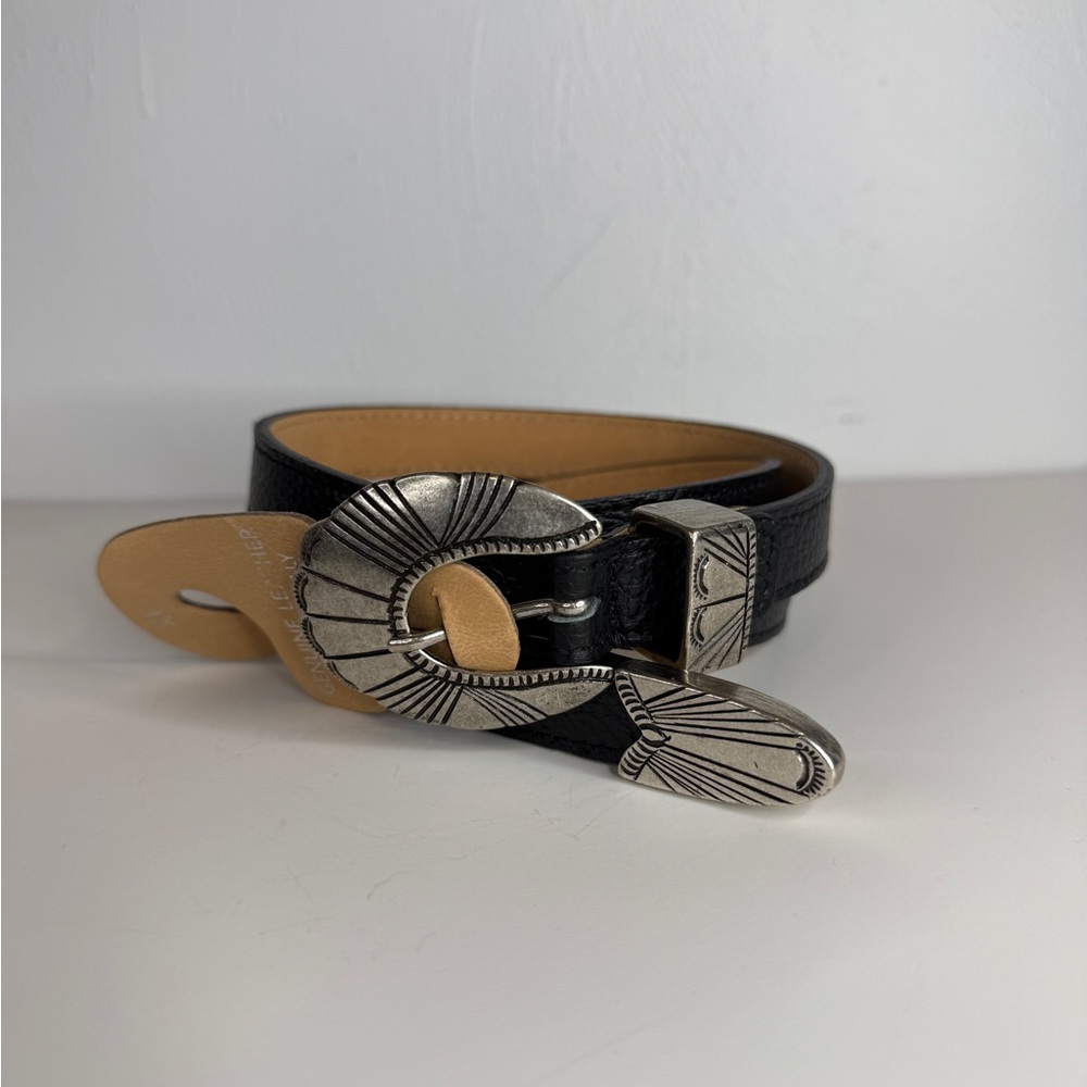 Marlon Firenze Black Leather Belt L / XL Silver Western Buckle Made in Italy NWT